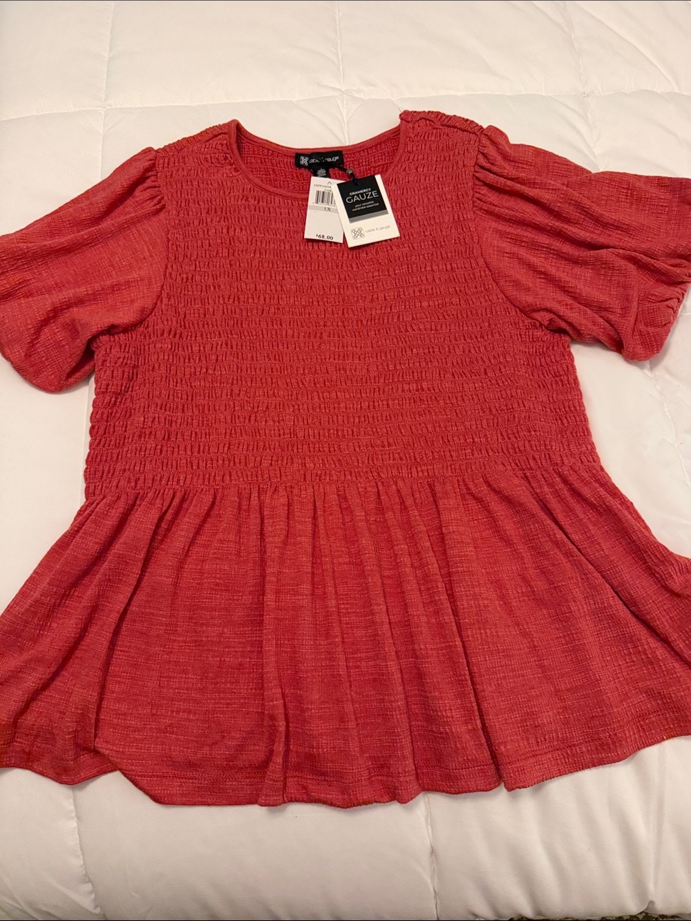 Cable & Gauge Coral-Red Smocked Peplum Tunic Size 1X NWT
